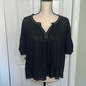 Ralph Lauren Black Linen Flutter Blouse Top with Grommets Large